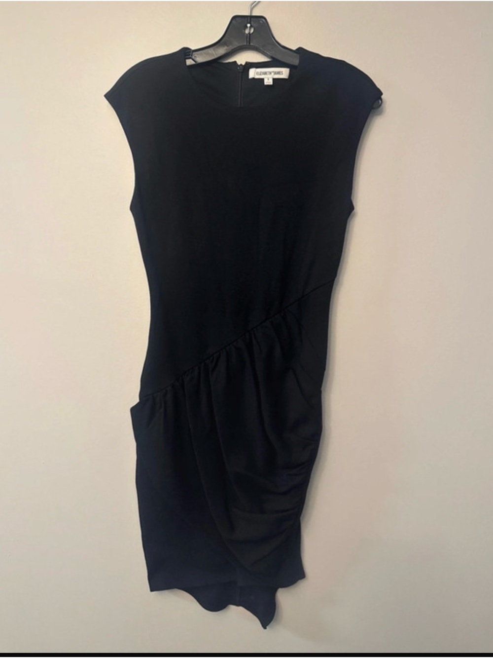 Elizabeth and James Black Asymmetric Gathered Midi Dress